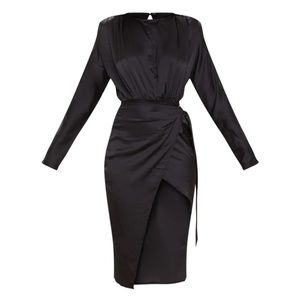 PrettyLittleThing Black Satin Wrap Skirt Backless Midi Dress